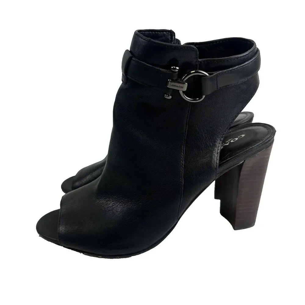 Coach Lafayette Heels Black Soft Leather Zip Peep Toe Slingback Sandal Bootie 9